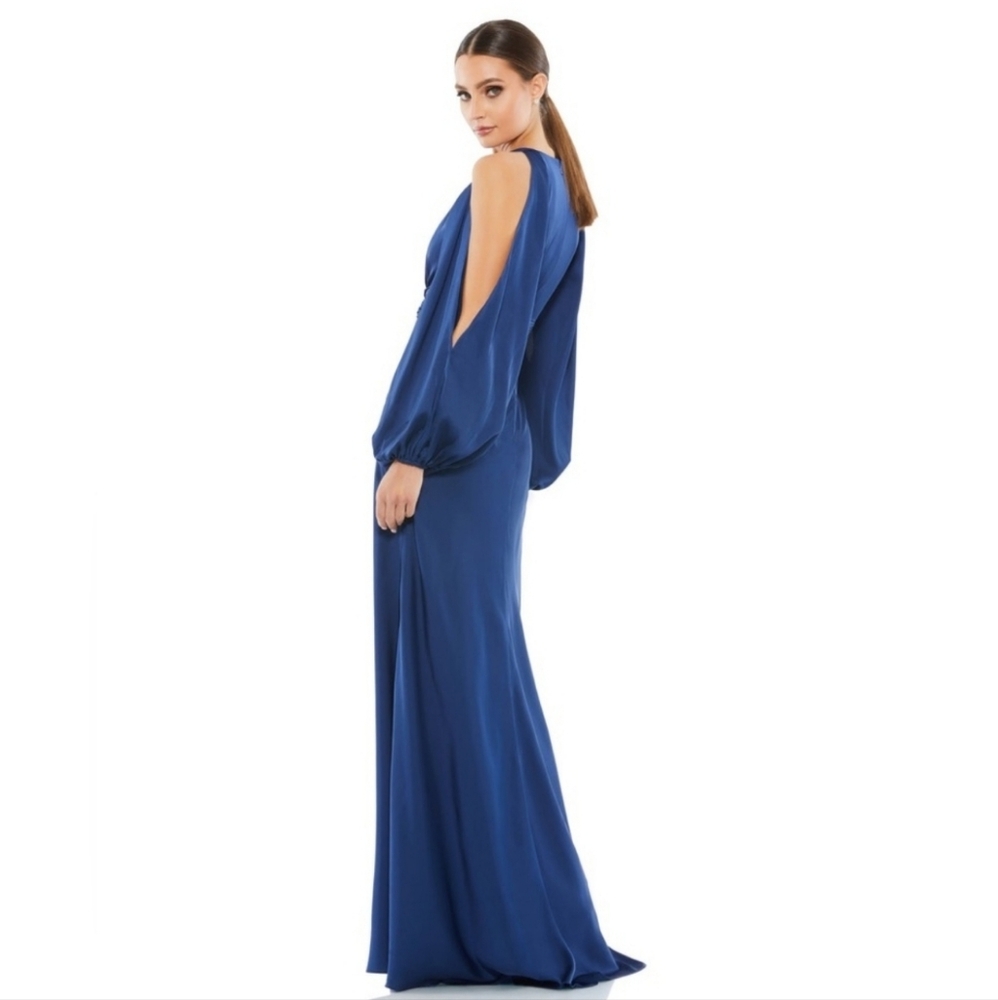 Mac Duggal TIED KEYHOLE COLD SHOULDER BISHOP SLEEVE GOWN NWT SIZE 2 Midnight